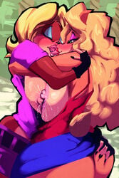 2girls activision anthro ape ass ass_grab bandicoot big_ass big_breasts big_butt bimbo black_gloves blonde_hair blue_eyeshadow blush breast_milk breast_press breasts breasts_pressed_together butt butt_grab candy_kong closed_eyes clothed clothing crash_(series) crossover donkey_kong_(series) eyebrows_visible_through_hair eyeshadow female female_only fingerless_gloves french_kissing gloves green_eyes half-closed_eyes interspecies kissing lactation lips lipstick long_hair makeup mammal marsupial nintendo nipples pink_eyeshadow pink_lipstick primate purple_shorts red_lipstick riendonut shirt short_hair shorts skirt skirt_lift tawna_bandicoot thick thick_ass thick_butt thick_hips thick_thighs tongue tongue_kiss tongue_out video_games wide_hips yuri