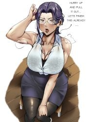 above_view armpits arms_up big_breasts dialogue fai_(ringo) female female_only glasses high_angle imminent_oral lace-trimmed_bra milf musk nervous ringo see-through_clothing sitting sweat teacher