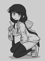 1girls 2d 2d_(artwork) black_hair blush blush_lines blushing_female bow_panties breasts female female_only going_commando grey_background greyscale hand_between_legs hand_between_thighs holding_panties hoodie inabakumori jgmwv312mj kneeling long_hair looking_at_viewer medium_breasts monochrome mv_character no_panties osage-chan panties panties_removed petite petite_body petite_female removed_panties shiny_thighhighs shoes simple_background skinny skinny_female slim_girl slim_waist solo solo_female sweater tease teasing teasing_viewer thick_thighs thighhighs thighs twintails white_panties