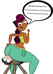 1boy 1girls accident big_ass brown_skinned_female chair codykins123 facesitting fully_clothed sierra_(tdi) sitting size_difference stool total_drama_island
