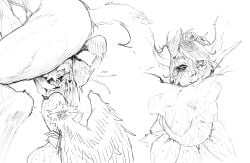 cum_in_mouth cumflated_belly harpy harpy_girl skeleharpy sketch werewolf_girl