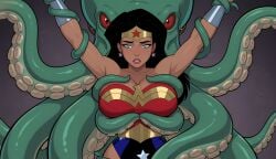 1girls 1other ai_generated amazon animal armpits arms_up bangs bare_arms bare_shoulders big_breasts black_hair blue_eyes blue_leotard bondage bracer breast_grab breasts cleavage clenched_teeth collarbone dc dc_comics dcau defeated defeated_female defeated_heroine defeated_superheroine diana_prince earrings gold_jewelry gradient gradient_background grey_background half-closed_eyes heroine highleg highleg_leotard huge_breasts jewelry justice_league justice_league_unlimited kraken leotard lips lipstick long_hair looking_down makeup monster multicolored_clothing multicolored_leotard neck nervous octopus octopus_tentacle parted_bangs red_eyes red_leotard red_lipstick restrained sghero1234 silver_bracer silver_earrings silver_jewelry star star_(symbol) star_earrings star_print straight_hair strapless strapless_leotard superhero_costume superheroine teeth tentacle tentacle_bondage themysciran tiara two-tone_leotard wonder_woman wonder_woman_(dcau) wonder_woman_(series)