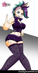 1girls 2017 artist_name blue_eyes clothes clouddg cutie_mark deviantart_username ear_piercing female female_focus female_only fishnet_thighhighs fishnets green_hair horns_gesture knees_together_feet_apart lipstick medium_breasts midriff mohawk my_little_pony my_little_pony_equestria_girls my_little_pony_friendship_is_magic navel navel_piercing nipple_bulge pinup punk purple_hair purple_lipstick raripunk rarity_(eg) rarity_(mlp) sfw solo solo_female solo_focus three-tone_hair toothpick toothpick_in_mouth yellow_hair