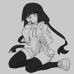 1girls 2d 2d_(artwork) black_hair blush blush_lines blushing_female breasts clothes_lift female female_only going_commando grey_background greyscale hand_between_legs hand_between_thighs hoodie inabakumori inviting jgmwv312mj kneeling lifting_clothing lifting_own_clothes long_hair looking_at_viewer medium_breasts monochrome mv_character no_panties osage-chan panties_removed petite petite_body petite_female removed_panties shiny_thighhighs shoes simple_background skinny skinny_female slim_girl slim_waist smile smug smug_face smug_grin solo solo_female sweater tease teasing teasing_viewer thick_thighs thighhighs thighs twintails