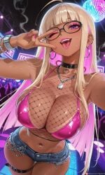 ahoge ai_generated alternate_breast_size alternate_hair_color alternate_hairstyle armpits bangs bare_shoulders bikini bimbo bimbofication blonde_hair blunt_bangs blush bracelet breasts choker cleavage colored_inner_hair commission commissions_open dark-skinned_female dark_skin denim denim_shorts ear_piercing earrings female fishnets glasses gyaru jewelry large_breasts long_hair looking_at_viewer makeup multicolored_hair nail_polish navel navel_piercing necklace one_eye_closed open_mouth patreon patreon_username persona persona_5 piercing pink_bikini pink_hair pixiv_link purple_eyes sakura_futaba self_upload short_shorts shorts smile solo sweat swimsuit tan tan_body teeth tgv9173 tongue tongue_out tongue_piercing two-tone_hair v