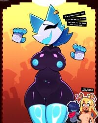 1boy 2d 2girls anthro armor belt_collar big_breasts blonde_hair blue_hair blue_nipples blue_thighhighs breasts brown_fur cat_ears chains collar cute_face cute_fang deer_girl deltarune earrings eyes_covered female furry gift_wrapped hand_on_shoulder handcuffs horn kris_(deltarune) long_hair male monster_girl naked nervous_smile nipple_slip noelle_holiday red_nose shocked short_hair tasque_manager_(deltarune) teeth text