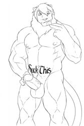 1boy 2014 anthro balls biceps black_and_white condom condom_in_mouth dripping erection evane feline front_view hand_on_hip hi_res holding_condom holding_object humanoid_penis keeyrow line_art lion looking_at_viewer male male_only mammal mane mark_(evane) monochrome muscular muscular_male navel nipples nude pecs penis portrait precum raised_eyebrow simple_background solo standing tattoo teeth three-quarter_portrait white_background