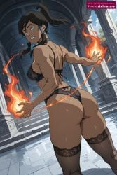 ai_assisted ai_generated ass back bare_shoulders black_bra black_hair black_panties black_thighhighs blue_eyes bra breasts brown_hair dark-skinned_female dark_skin female female_only fire from_behind hair_tubes korra lace_bra lingerie long_hair looking_at_viewer looking_back medium_breasts panties ponytail sidelocks smile solo stelmazura the_legend_of_korra thighhighs thong underwear underwear_only