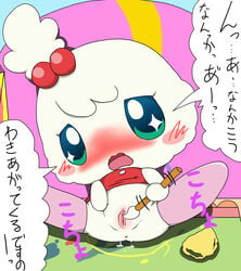 blush cute green_eyes heart kiramotchi looking_at_viewer masturbation paint paintbrush pussy stockings tamagotchi tatwuyan text translation_request