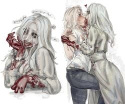 2girls black_pupils blood blood_in_mouth blood_on_hand blood_stain bloody bloody_hands female forced_kiss french_kiss french_kissing fur grace_ashcroft grey_body grey_skin grey_skinned_female heart heart_symbol heroine_in_trouble human human_female jeans kissing knee_between_legs laughing lesbian_focus lesbian_kiss light-skinned_female light_hair mature_female monster_girl monster_tongue oral_fixation pale-skinned_female pale_skin questionable_consent resident_evil resident_evil_9:_requiem selena_corey sexual_harassment sloppy sloppy_kiss snowyfeline sweating tongue tongue_kiss undead undead_female villainess villainess_dominating_heroine villainess_on_heroine watermark white_background white_dress white_hair white_iris yuri zombie zombie_girl