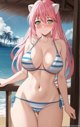 1girl ai_generated artist_name ass_visible_through_thighs bare_arms bare_shoulders beach bikini blue_sky blush breasts cameltoe cleavage closed_mouth cloud collarbone cowboy_shot day elfen_lied female green_eyes groin hair_between_eyes halterneck horns large_breasts long_hair looking_at_viewer lucy_(elfen_lied) navel nose_blush ocean outdoors palm_tree pink_hair pixiv rena_aikawa_(pixiv_user) side-tie_bikini_bottom sky smile solo stable_diffusion standing stomach string_bikini striped_bikini striped_clothes swimsuit thigh_gap thighs tree water white_horns