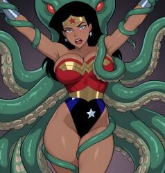 1girls 1other ai_generated amazon angry animal armpits arms_up bangs bare_arms bare_legs bare_shoulders big_breasts black_hair blue_eyes blue_leotard bondage bracer breasts cleavage collarbone dc dc_comics dcau defeated defeated_female defeated_heroine defeated_superheroine diana_prince earrings gold_jewelry gradient gradient_background grey_background head_tilt heroine highleg highleg_leotard huge_breasts jewelry justice_league justice_league_unlimited kraken legs legs_together leotard lips lipstick long_hair looking_at_viewer makeup monster mound_of_venus multicolored_clothing multicolored_leotard neck nervous octopus octopus_tentacle open_mouth parted_bangs red_eyes red_leotard red_lipstick restrained round_teeth sghero1234 silver_bracer silver_earrings silver_jewelry standing star star_(symbol) star_earrings star_print straight_hair strapless strapless_leotard superhero_costume superheroine teeth tentacle tentacle_bondage themysciran thick_thighs thighs tiara two-tone_leotard upper_teeth upper_teeth_only wonder_woman wonder_woman_(dcau) wonder_woman_(series)