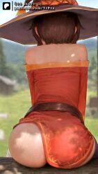 ai_generated ass bare_shoulders brown_hair female female_only from_behind hat kono_subarashii_sekai_ni_shukufuku_wo! long_sleeves megumin no_panties off_shoulder outdoors short_hair sitting solo thighhighs trugprz
