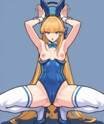 1girls :o animal_ears aqua_bow aqua_bowtie armpits arms_up ass_visible_through_thighs bare_shoulders blonde_hair blue_background blue_bow blue_bowtie blue_eyes blue_footwear blue_hair blue_hairband blue_halo blue_leotard blunt_bangs bow bowtie braid breasts breasts_out cameltoe detached_collar earpiece earrings fake_animal_ears female female_only french_braid full_body groin hair_bow hairband halo high_heels highleg highleg_leotard jewelry leotard leotard_pull long_hair looking_at_viewer medium_breasts nipples official_alternate_costume official_alternate_hairstyle open_mouth playboy_bunny presenting_armpit rabbit_ears rabbit_pose simple_background small_breasts solo spread_legs squatting strapless strapless_leotard stud_earrings thighhighs thighs tiptoes toki_(blue_archive) toki_(bunny)_(blue_archive) very_long_hair white_thighhighs white_wrist_cuffs wrist_cuffs