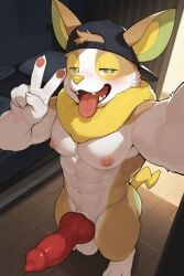 5_fingers abs absurd_res ai_generated animal_genitalia animal_penis anthro backwards_baseball_cap backwards_hat balls barefoot baseball_cap bed big_ears big_pecs big_penis blush canine_genitalia canine_penis canine_teeth claws clothing dormitory erection feet finger_claws fingers furniture generation_8_pokemon genitals gesture half-closed_eyes hat head_tuft headgear headwear hi_res high-angle_view knot looking_at_viewer male muscular muscular_anthro muscular_male narrowed_eyes neck_tuft nintendo nipples nude pecs penis pokemon pokemon_(species) selfie sharp_teeth standing tail teeth tongue tongue_out tuft v_sign yamper