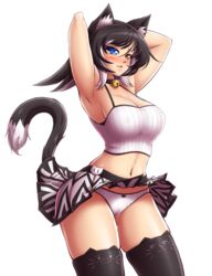 :3 :d ^_^ absurdres animal_ears armpits arms_behind_head arms_up bell bell_choker black_hair black_legwear blue_eyes bow bow_panties breasts cameltoe cat_band_legwear cat_ears cat_girl cat_lingerie cat_tail choker cleavage closed_eyes colored_eyelashes covered_nipples cowboy_shot crop_top eyebrows eyebrows_visible_through_hair female heterochromia highres hips kat_(mazume) large_breasts looking_at_viewer mazume miniskirt multicolored_hair navel open_mouth orange_eyes original panties pantyshot pantyshot_(standing) pin pussy_juice shiny shiny_skin shirt short_hair skindentation skirt skirt_lift smile solo standing tail taut_shirt thighhighs tight_clothes two_tone_hair underwear waist white_background white_hair white_panties white_skirt yellow_eyes zettai_ryouiki