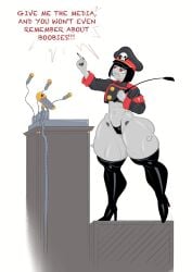 armband authoritarian balderswordsman big_butt big_hips black_boots black_hair black_panties blunt_bangs boots bottom_heavy bottom_heavy_female bubble_ass bubble_butt child_bearing_hips cropped_jacket curvy expressionless female female_robot flat_chest g-string gigantic_thighs gloves grey_body high_heel_boots high_heels hourglass_figure huge_hips huge_thighs large_hips large_thighs latex_boots legwear machine massive_ass microphone microphone_stand midriff military military_hat military_uniform navel panties peaked_cap penis pointing_up revealing_clothes robot robot_commander_(bingbingzi) robot_girl robot_symbol sexy short short_hair shortstack skimpy skimpy_outfit slim_waist small_breasts speech stand stoic string_panties thick_thighs thigh_boots thighhigh_boots thighs thighs_bigger_than_head thunder_thighs tight_clothes uniform voluptuous voluptuous_female wide_hips