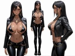 ai_generated anime big_lips bikini_top bimbo black_bikini black_hair black_jacket black_jeans breasts character_design cleavage dark-skinned_female earrings female front_view full_body gold_chain gold_jewelry high_quality highres hot_body large_breasts looking_at_viewer mina_thai_woman necklace red_eyes side_view silicone silicone_implants smile standing thai thai_female thailand thick_thighs white_background