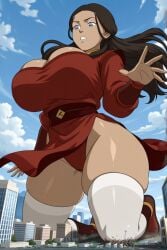 1girls ai_generated avatar_the_last_airbender big_breasts breasts city clothed clothed_female dark-skinned_female dark_skin female female_focus female_only fire_nation fire_nation_clothing giantess giga_giantess katara large_boobs large_breasts looking_down memesrus1234 nickelodeon nicktoons on_knees solo solo_female solo_focus thick_thighs thighs