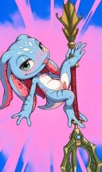 1boy ai_generated amphibian feet fizz_(lol) green_eyes half-closed_eyes league_of_legends male penis pole_dancing tapering_penis trident weapon