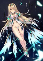 1girls bangs blonde_hair bra breasts earrings female headpiece hinot jewelry large_breasts looking_at_viewer mythra_(xenoblade) navel nintendo panties smile solo swept_bangs tiara underwear xenoblade_(series) xenoblade_chronicles_2 yellow_eyes