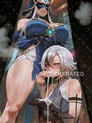 2girls ahe_gao ai_generated ai_generated_video arlecchino_(genshin_impact) armor big_breasts blowjob blush bodysuit cum_drip cum_drooling cum_in_mouth cum_on_body cum_on_face cum_on_hands cum_on_thighs cum_overflow cum_string cumshot dominant_female drool ejaculation excessive_cum facial fatui fellatio femdom floating_heart flushed_face futa_on_female futanari genshin_impact gloves handjob helmet kneeling large_breasts mask messy mirror_maiden_(genshin_impact) oral oral_sex panties partial_nudity red_eyes saliva semen standing submissive_female sweat tagme the_knave thick_cum thick_thighs video white_hair