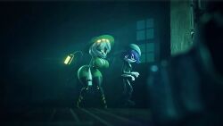 2girls 3d abandoned_building ai_assisted ai_generated android beanie big_breasts bimbo black_legwear breasts_out cg dark_background detailed_background digital_art disassembly_drones female_only glitch_productions glowing_eyes green_glow green_uniform group hat heels high_heels huge_breasts indoors large_areolae looking_at_viewer metallic_body murder_drones neckline pointed_feet pose purple_hair robot_girl serial_designation_v sexualized shorts standing tail thick_thighs thighhighs tight_clothing uzi_(murder_drones) uzi_doorman v_(murder_drones) visor wardrobe_malfunction wide_hips worker_drone yellow_eyes yellow_stripes