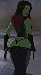ai_art ai_generated animated ass black_thong booty buns female female_only gamora green_skin guardians_of_the_galaxy marvel pulling_down_pants pulling_pants_down round_ass round_butt showing_ass showing_off tagme video