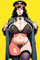 ai_generated black_hair bleached blue_eyes bra cap choker cleavage collar fair-skinned_female female female_focus female_only giant_breasts headwear iron_cross large_breasts light-skinned_female lingerie long_hair looking_at_viewer military_uniform panties presenting_breasts queen_of_hearts skull stocking strip stripping thick_thighs thigh_highs unfiform wavy_hair wide_hips