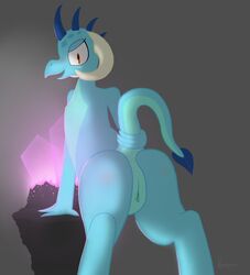 2016 anthro anus ass blue_scales claws cleateater clitoris crystals dragon female friendship_is_magic glowing horn looking_at_viewer looking_back my_little_pony orange_eyes presenting princess_ember_(mlp) pussy rear_view scales scalie smile solo standing