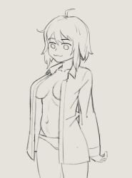 1girls artist_request big_breasts breasts busty female female_only highres large_breasts legs monochrome no_bra open_clothes open_shirt original original_character panties pose posing short_hair smile solo source_request thighs topless_female unbuttoned unbuttoned_shirt underwear voluptuous