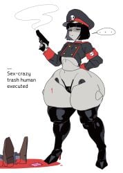 angry armband authoritarian big_butt big_hips black_boots black_hair black_panties blood blunt_bangs boots bottom_heavy bottom_heavy_female bubble_ass bubble_butt child_bearing_hips cropped_jacket curvy dead death expressionless female female_robot flat_chest g-string gigantic_thighs gloves grey_body gun gya_rb high_heel_boots high_heels hourglass_figure huge_hips huge_thighs large_hips large_thighs latex_boots legwear machine massive_ass midriff military military_hat military_uniform murder navel panties peaked_cap revealing_clothes robot robot_commander_(bingbingzi) robot_girl robot_symbol sexy short short_hair shortstack skimpy skimpy_outfit slim_waist small_breasts stoic string_panties thick_thighs thigh_boots thighhigh_boots thighs thighs_bigger_than_head thunder_thighs tight_clothes uniform voluptuous voluptuous_female wide_hips