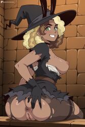 ai_generated anus ass breasts brick_wall dark_skin digitalwaifugallery epithet_erased female female_only gloves green_eyes grin hat hi_res high_quality high_resolution large_breasts looking_at_viewer looking_back lorelai_blyndeff nipples no_bra patreon pussy seductive sexy smile solo torn_bodysuit torn_clothes torn_dress torn_gloves torn_legwear torn_pants torn_shirt torn_skirt torn_sleeves uncensored watermark witch_hat