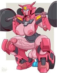 barbell big_breasts big_penis elita-one futa_focus futa_only futanari_masturbation intersex ravage41 robot_girl simple_background squatting tagme transformers working_out