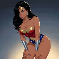 1girls ai_generated amazon bangs bare_arms bare_legs bare_shoulders big_breasts black_hair blue_leotard bracer breasts cleavage collarbone dc dc_comics dcau diana_prince earrings female_only female_solo gold_jewelry gradient gradient_background grey_background grey_eyes grin hair_over_one_eye half-closed_eyes heroine highleg highleg_leotard jewelry justice_league justice_league_unlimited leaning leaning_forward legs leotard lips lipstick long_hair looking_at_viewer makeup medium_breasts multicolored_clothing multicolored_leotard naughty_face neck parted_bangs parted_lips pink_lipstick red_leotard sghero1234 silver_bracer silver_earrings silver_jewelry smile solo_female standing star star_(symbol) star_earrings star_print straight_hair strapless strapless_leotard superhero_costume superheroine themysciran thighs tiara two-tone_leotard wonder_woman wonder_woman_(dcau) wonder_woman_(series)