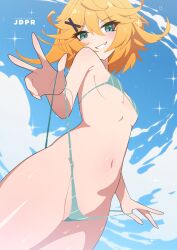 1girls bikini bikini_bottom_pull blonde_hair breasts commentary day dokibird english_commentary female from_below green_bikini green_eyes grin hair_ornament indie_virtual_youtuber jdpr looking_at_viewer micro_bikini navel oerba_yun_fang outdoors pulling_own_clothes short_hair skin_fang small_breasts smile solo standing strap_pull swimsuit thighs virtual_youtuber vtuber x_hair_ornament