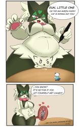 1boy 1girls :3 bochi_(bochisu90) bochisu cat_ears chubby chubby_female comic_page do_you_want_to_pet_my_cat_(meme) feline furry furry_female furry_only giant_female giantess green_fur heart-shaped_pupils macro macro_anthro macro_female meowscarada nintendo oshawott pokemon pokemon_(species) pudgy pudgy_belly pussy size_difference smug unbirthing unwilling_pred vore white_fur wide_hips willing_prey