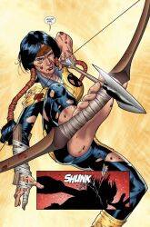 archer archery arrow arrow_(weapon) barefoot battle_damage black_hair blood_on_face blood_stain bodysuit bow bow_(weapon) broken_arm canonical_scene death dominant dominant_female feet feet_focus feet_hold female female_only focused foot_archery foot_fetish foot_focus foot_holding good_girl good_girl_(phrase) headband hero hero_costume heroine holding_object_with_feet killing leonard_kirk marvel marvel_comics mirage_(danielle_moonstar) murdered mutant_(marvel) native_american native_american_female new_mutants official_art ripped_clothing ripped_pants soles solo solo_female talking_to_another toenails toes torn_bodysuit torn_clothes twintails x-men