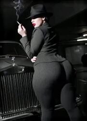 ai_art ai_generated big_ass caked_up caption dialogue dommy_mommy fedora female female_focus female_only film_noir huge_ass lipstick mafia_girl milf parking_garage parking_lot phizben pinstripe_suit rolls_royce smoking smoking_cigarette story tagme video wide_hips word_balloon