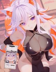 1girls absurdres animal_ears bare_hips big_breasts black_sleeves black_thighhighs breasts breedable_hips cellphone child_bearing_hips cleavage commentary curvy demenishki english_commentary female fluffy_tail hair_between_eyes halter_leotard halterneck highres hip_focus hips indie_virtual_youtuber large_breasts leotard loincloth massive_breasts orange_hair phone pinji8166 purple_eyes red_panda_ears red_panda_girl red_panda_tail see-through_cleavage see-through_clothes see-through_leotard smartphone thick thick_thighs thighhighs thighs virtual_youtuber vtuber white_hair