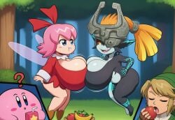 ai_generated apple big_breasts bouncing_breasts bow_ribbon breast_squish breasts breasts_frottage cleavage closed_eyes clothed clothing confusion crossover cutaway disinterested eating fairy female floating flying food forest fruit group hair hi_res huge_breasts human humanoid hyper_breasts imp insect_wings juice_box kirby levitation link male mammal midna multiple_girls nintendo open_mouth pink_hair plant pouting ribbon_(kirby) short_stack smug squish the_legend_of_zelda tree waddling_head wings yasuhikonsfw