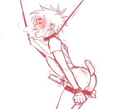 2d_(gorillaz) balls balls_peek blush blushing blushing_face blushing_male bottomless breath_cloud gorillaz hands_tied hands_tied_to_legs heavy_breathing male male_focus male_only nonbinary nonbinary_(lore) not_me70268