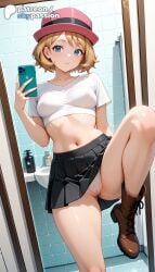 1girls 2026 ai_assisted ai_generated anime argyle_background artist_name bathroom bathtub blue_eyes breasts brick brick_floor brick_wall bust ceiling cellphone covered_nipples explicit hat hexagon hi_res high_quality high_resolution highres holding_phone honeycomb_background navel nintendo patreon patreon_username pavement phone pokemon pokemon_xy restroom serena_(pokemon) serena_(pokemon_games) short_hair shower_(place) silk skypassion smartphone stable_diffusion stone_floor tile_floor tile_wall tiles toilet watermark