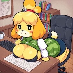 ai_generated animal_crossing anthro ass big_breasts black_bra black_skirt blonde_hair blush blush_lines boobs_out books bookshelf bookshelves breasts breasts_on_table breasts_out bubble_butt canine chair coffee coffee_cup coffee_mug computer desk desktop diplive7 display dog_girl domestic_dog ear exposed exposed_breasts feet feet_fetish feet_up female female_only foot_fetish fur furry green_sweater isabelle_(animal_crossing) keyboard leaning leaning_forward leaning_on_table lifting_shirt long_ears looking_at_viewer mammal office office_chair office_clothing office_desk office_lady on_desk paper papers pawpads pawprint paws skirt solo sweater tagme tail wardrobe_malfunction