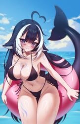 1girls ahoge animal_ears big_breasts bikini black_bikini black_hair blush body_markings breasts cat_ears cetacean_tail cleavage closed_mouth cloud commentary facial_mark female fins fish_tail hashtag-only_commentary heart heart_ahoge highres indie_virtual_youtuber innertube long_hair miiikaccino multicolored_hair navel ocean orca_girl outdoors purple_eyes shylily side-tie_bikini_bottom sky solo streaked_hair swim_ring swimsuit tail thick_thighs thigh_gap thighs untranslatable_commentary virtual_youtuber vtuber white_streaks