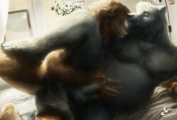 anthro bara beard bedding bedroom belly boxers brown_fur brown_hair bulge canine closed_eyes duo elaz erection erection_under_clothes facial_hair feet feline fur furry gay grey_fur hair hand_holding hand_on_stomach hindpaw humanoid_feet humanoid_penis indoors lamp lion lying male male_only mammal morning nipples nude on_side otterscience overweight paws pecs penis plant precum raised_leg romantic_couple smile spooning spread_legs spreading topless underwear watermark window wolf yaoi