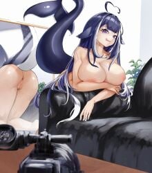 1girls absurdres ahoge anus ass big_breasts black_hair breasts cetacean_tail commentary commentary_request commission couch english_commentary female fins fish_tail heart heart_ahoge highres indie_virtual_youtuber indoors large_breasts leaning_forward long_hair looking_at_viewer massive_breasts mirror multicolored_hair nipples orca_girl plant potted_plant purple_eyes pussy second-party_source shylily smile solo tail therrao thighs tongue tongue_out virtual_youtuber vtuber white_hair