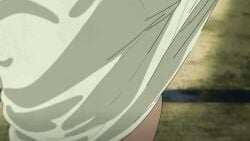 1girl 2026 animal_ears animated anime_screenshot back backboob bouncing_breasts breasts cat_ears cat_girl cat_tail clothes_lift crossed_legs full_body grey_hair grey_shirt indoors large_breasts looking_at_viewer looking_back messy_room panties shirt shirt_lift short_hair sitting surprised tail underwear undressing white_panties yani_neko yani_neko_(yani_neko)