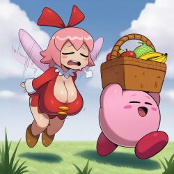 ai_generated apple banana basket bodily_fluids bottomwear bow_ribbon breasts breath cleavage closed_eyes clothed clothing cloud container duo exhausted fairy female flying food fruit hi_res humanoid insect_wings kirby male melon motion_lines open_mouth panting plant ribbon_(kirby) short_stack skirt sky sweat waddling_head walking wings yasuhikonsfw