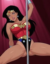 1girls ai_generated amazon arm_behind_back arm_up bangs bare_arms bare_legs bare_shoulders big_breasts black_hair blue_eyes blue_leotard bracer breasts cleavage collarbone dancing dc dc_comics dcau diana_prince earrings female_only female_solo gold_jewelry gradient gradient_background grin half-closed_eyes head_tilt heroine highleg highleg_leotard jewelry justice_league justice_league_unlimited legs leotard lips lipstick long_hair looking_at_viewer makeup multicolored_clothing multicolored_leotard naughty_face neck parted_bangs parted_lips pink_background pole pole_dancing red_leotard red_lipstick sghero1234 silver_bracer silver_earrings silver_jewelry smile solo_female spotlight spread_legs star star_(symbol) star_earrings star_print straight_hair strapless strapless_leotard superhero_costume superheroine themysciran thighs tiara two-tone_leotard wonder_woman wonder_woman_(dcau) wonder_woman_(series)
